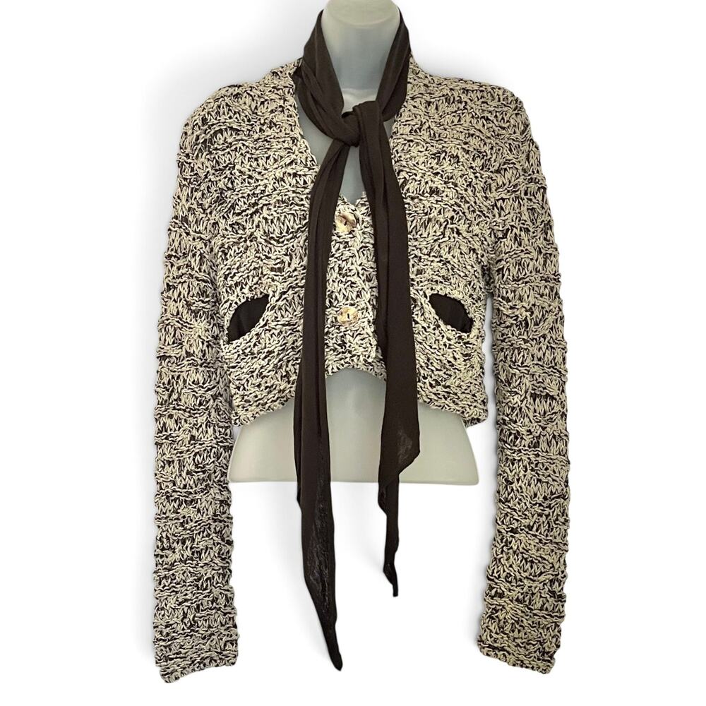 NWT Sarah Pacini Marled Avant Garde Open Knit Cropped Cardigan w/ Attached Scarf